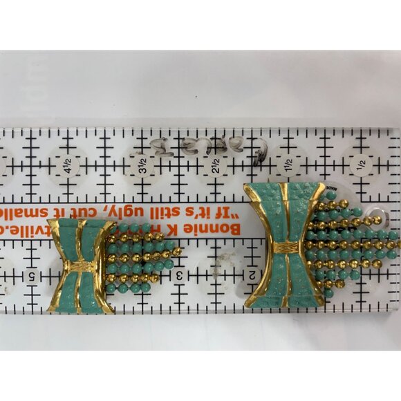 Gold & Faux Turquoise Broochs Vintage Pins Matching Bows Set of 2 - Picture 4 of 7